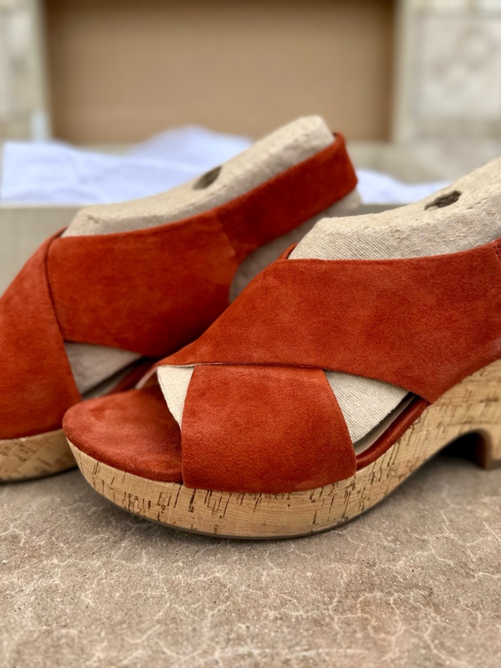 Clarks Rust Suede Cork Wedge Sandals size 10
